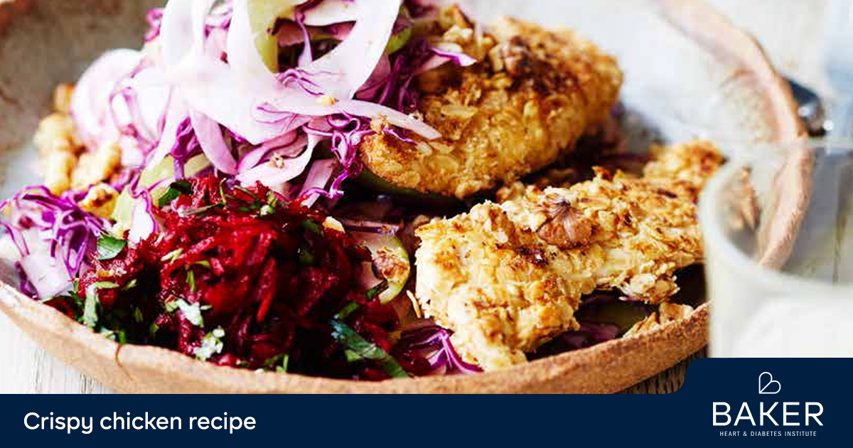Crispy chicken with raw beetroot relish and apple slaw
