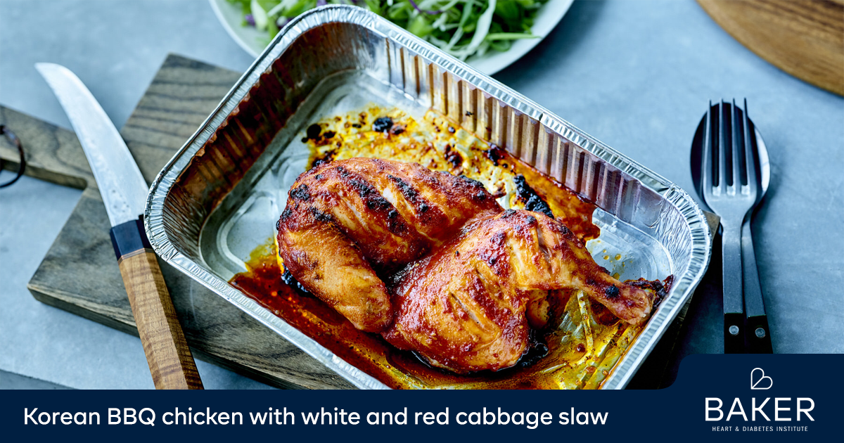 Korean BBQ chicken with white and red cabbage slaw - Baker Institute
