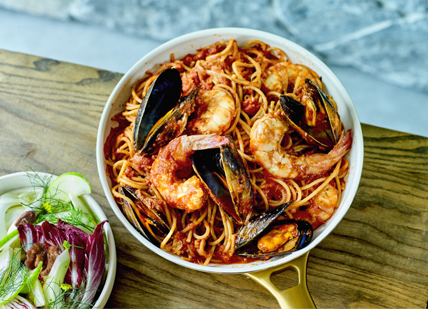 Seafood spaghettini with fennel and radicchio salad
