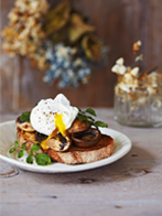 Marinated mushrooms with poached eggs
