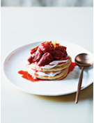 Wholemeal buckwheat pancakes with rhubarb, strawberries and whipped ricotta