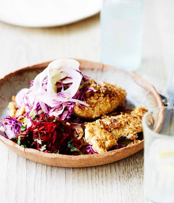 Crispy chicken with raw beetroot relish and apple slaw