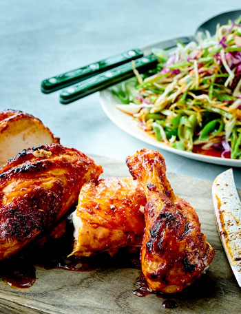 Korean BBQ chicken with white and red cabbage slaw