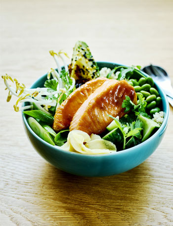 Miso glazed ocean trout poke bowl with quinoa and avocado