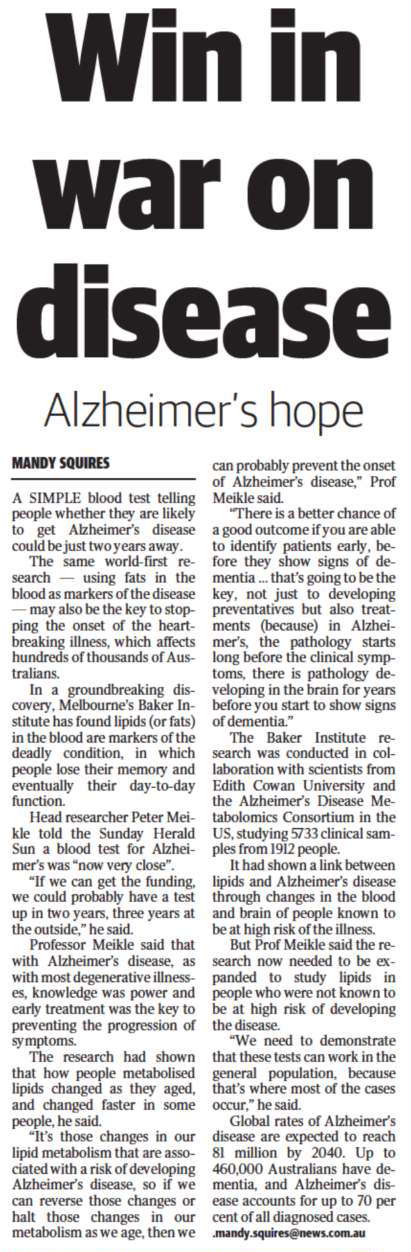 Alzheimer's Disease story in Sunday Herald Sun